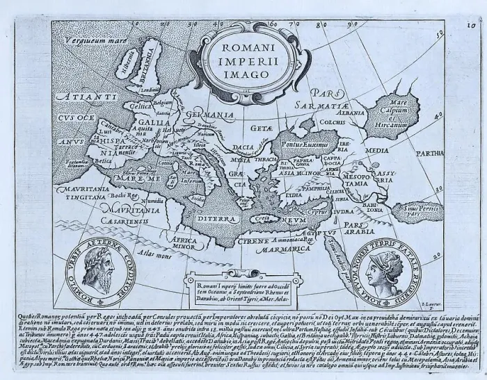 Framed Print : Map of the Roman Empire. The map is signed in the lower right corner by I