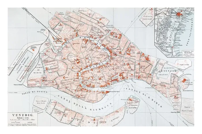 Framed Print : Map of Venice, from Meyers Konversationslexikon encyclopedia