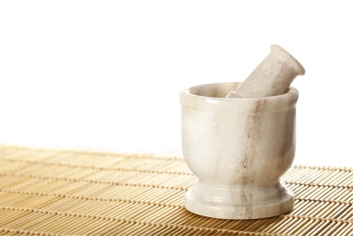 Framed Print : Marble mortar with pestle on bamboo mat Framed Print : Marble mortar with pestle on bamboo mat