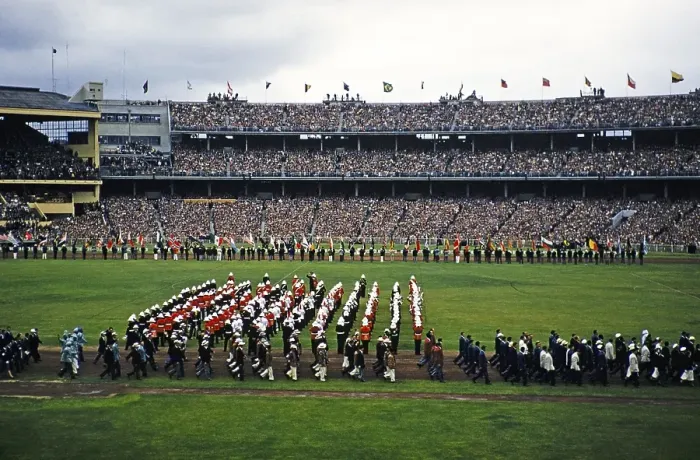 Framed Print : Marching band at the closing ceremony of the Summer Olympics, Melbourne Australia, 1956
