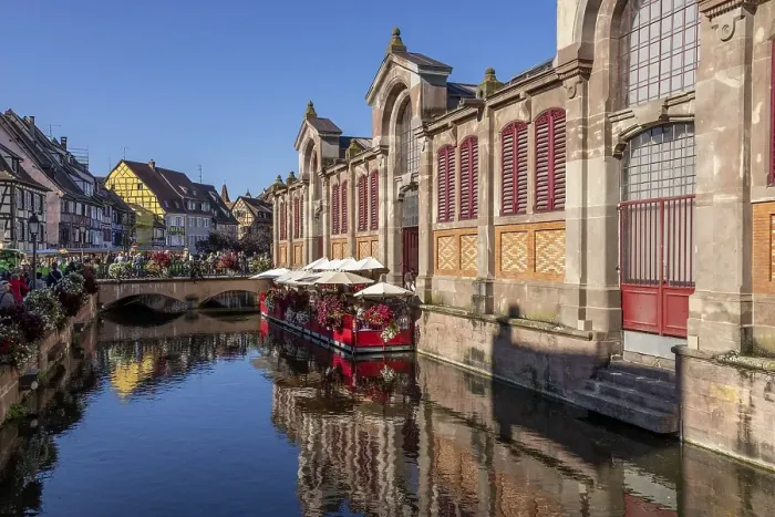 Framed Print : Market hall Marche Couvert Colmar on the canal