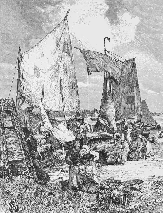Framed Print : Market on the Memel, border river Russia and Lithuania