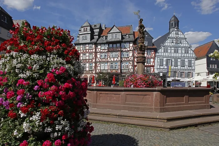 Framed Print : Market place. Market fountain, old half-timbered town hall