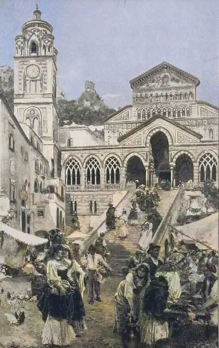 Framed Print : Market scene in Amalfi, Italy, in front of the cathedral