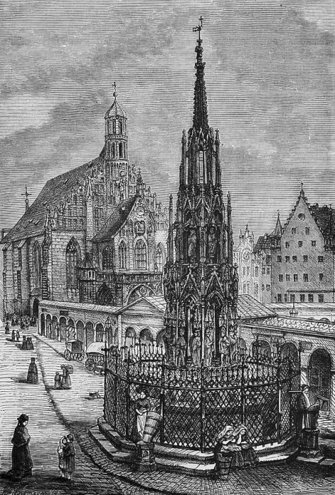 Framed Print : Market square with Schoener Brunnen and Gothic Church of Our Lady, Roman Catholic parish church of Our Lady, in Nuremberg, Middle Franconia, Bavaria, travel, Germany, historical illustration 1885, Europe