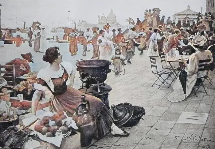 Framed Print : Market and street cafe on the riva degli schiavoni in Venice