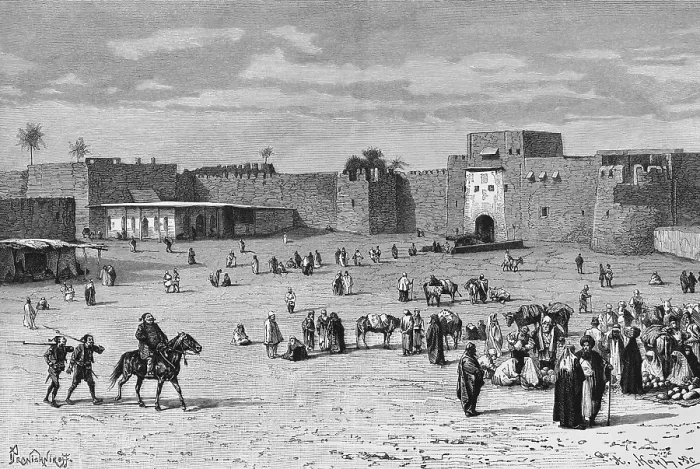 Framed Print : Marketplace at the northern city gate of Baghdad, merchants, trade, city wall with battlements, capital, crowd, Arabs, horses, buildings, travelling in Asia, Iraq, historical illustration 1887, Asia