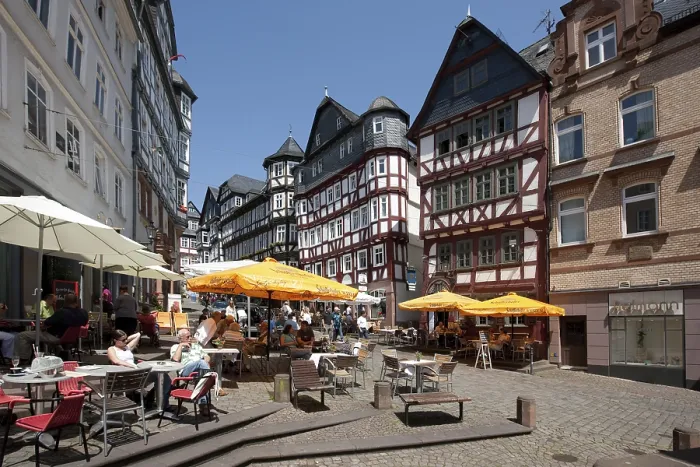 Framed Print : Marketplace with restaurants, historic district of Marburg