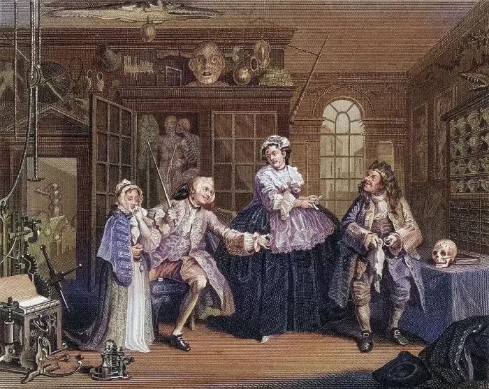Framed Print : Marriage a la Mode Scene with the quack From the original picture by Hogarth from The Works of Hogarth published London Framed Print : Marriage a la Mode Scene with the quack From the original picture by Hogarth from The Works of Hogarth published London
