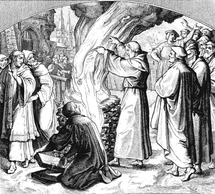 Framed Print : Martin Luther burning the papal bull of excommunication in Wittenberg