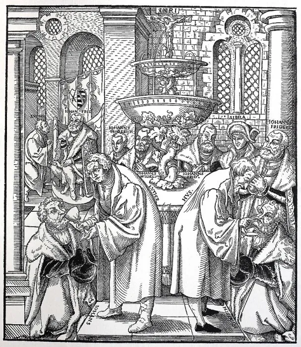 Framed Print : Martin Luther and Jan Huss administering the communion to John Fredric I of Saxony