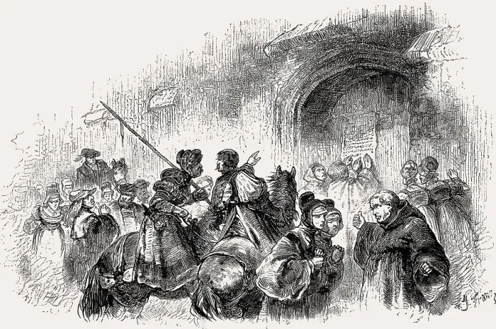 Framed Print : Martin Luther nailing his 95 theses on the door of the castle church of Wittenberg