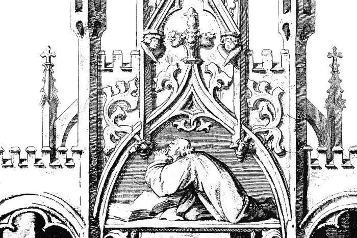Framed Print : Martin Luther in prayer, ornamentation Framed Print : Martin Luther in prayer, ornamentation