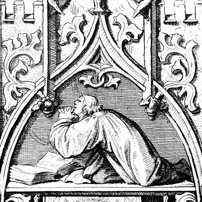 Framed Print : Martin Luther in prayer, ornaments Framed Print : Martin Luther in prayer, ornaments