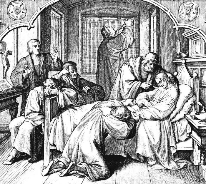 Framed Print : Martin Luther praying at the bedside of the sick Melanchton