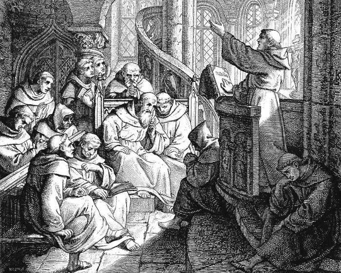 Framed Print : Martin Luther preaching in the monastery in front of Staupitz to other monks as a preparatory exercise for the castle