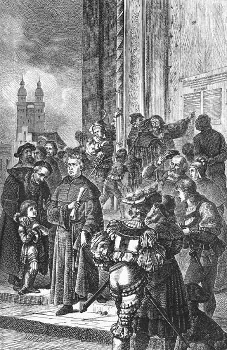 Framed Print : Martin Luther proposes the 95 theses to the castle church in Wittenberg