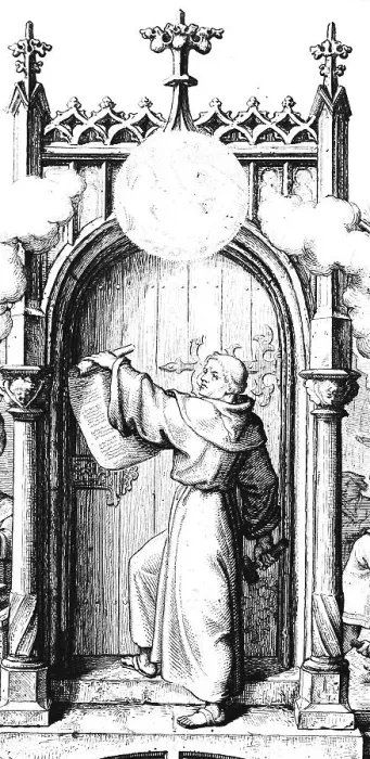 Framed Print : Martin Luther slams the 95 theses on the church door in Wittenberg