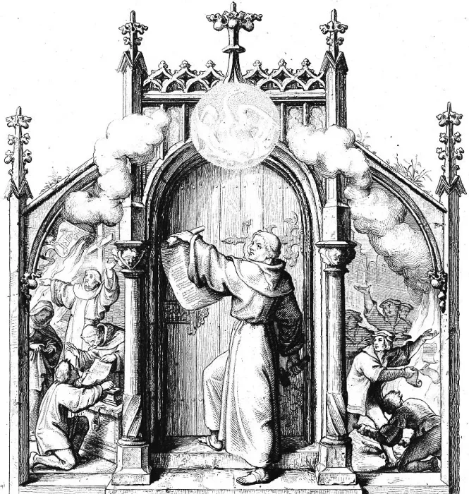 Framed Print : Martin Luther slams the 95 theses on the church door in Wittenberg (centre)