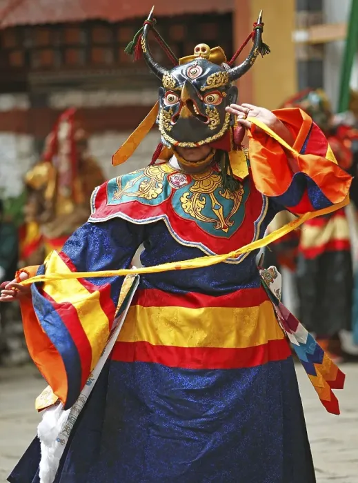 Framed Print : Masked dancers, Paro Dzong monastery
