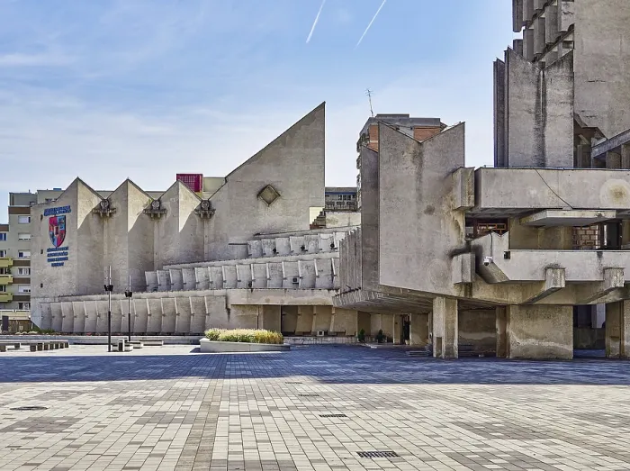 Framed Print : Massive brutalist concrete architecture in an urban environment with geometric shapes