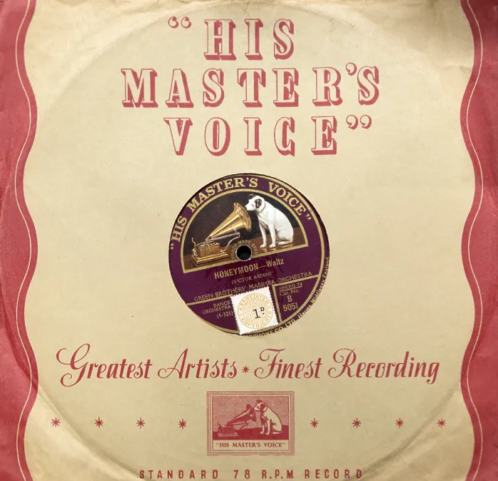 Framed Print : His Master's Voice vintage 78 RPM record cover sleeve