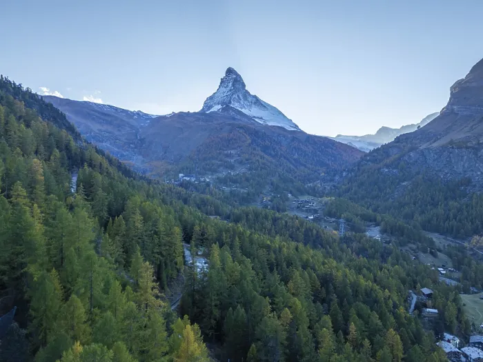 Framed Print : Matterhorn Mountain and Green Larches in Autumn in Evening