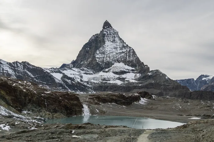 Framed Print : Matterhorn Mountain and Theodulgletschersee Lake on Cloudy Day