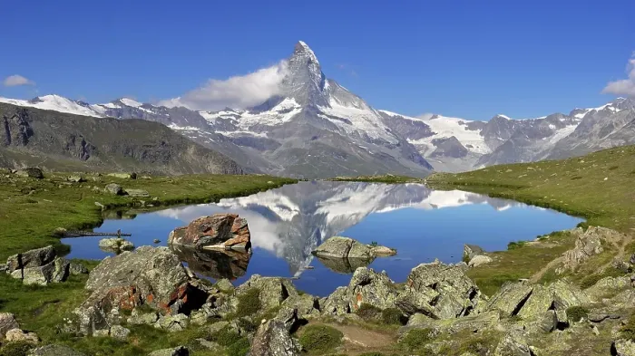 Framed Print : The Matterhorn is reflected in the Stellisee near Zermatt