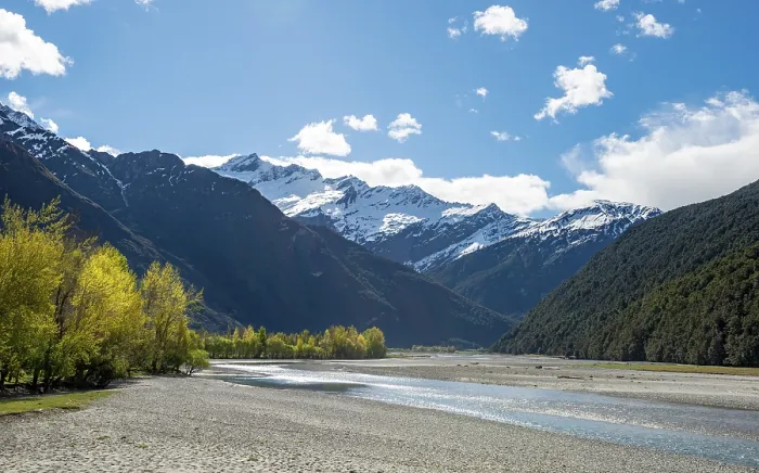Framed Print : Matukituki River, snow covered mountains