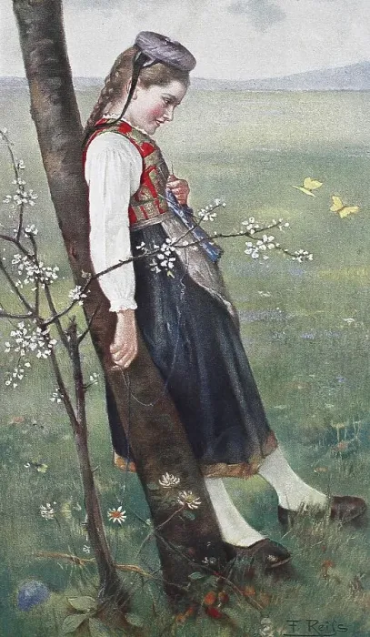 Framed Print : In May, Girl in traditional traditional costume leaning against a tree trunk