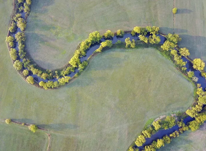 Framed Print : Meandering river Fulda, aerial view