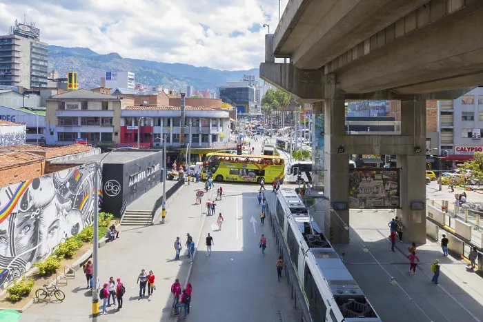 Framed Print : Medellin January 2018 At the San Antonio subway exit you can admire this view of the center of Medellin where Framed Print : Medellin January 2018 At the San Antonio subway exit you can admire this view of the center of Medellin where