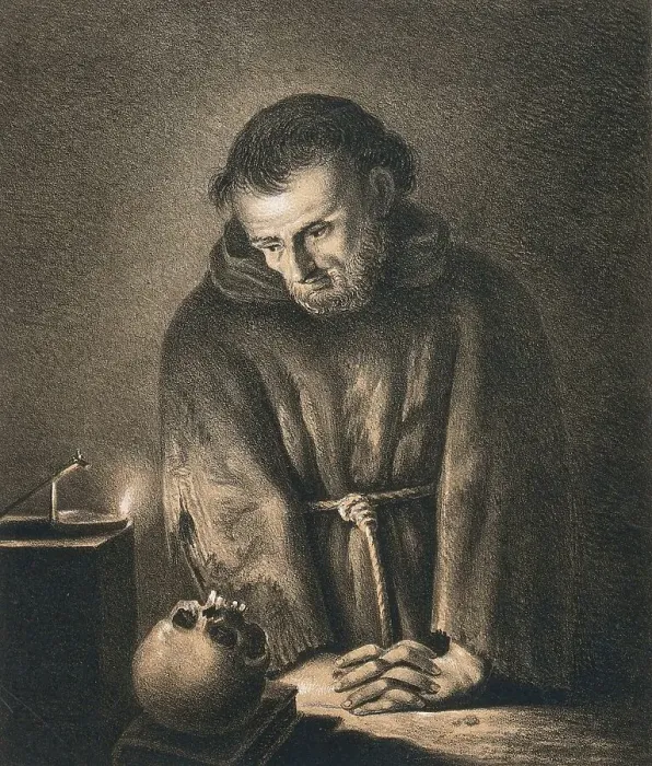 Framed Print : Medicine, Anatomy, A monk looks at a human skull by candlelight Framed Print : Medicine, Anatomy, A monk looks at a human skull by candlelight