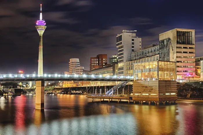 Framed Print : Medienhafen, Media Harbour, with skyline at dusk
