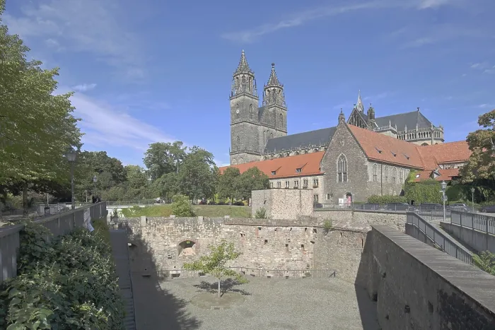 Framed Print : Medieval bastion Cleve with defence defence tower Cleve and Gothic Magdeburg Cathedral