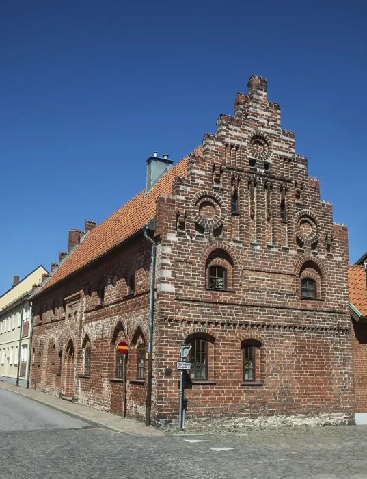 Framed Print : Medieval brick house with stepped gable in the old town of Ystad