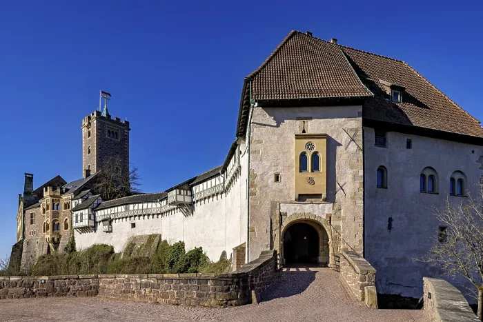 Framed Print : Medieval castle with entrance gate and striking tower