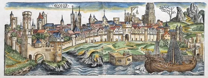 Framed Print : Medieval city view, general view of Cologne or Colonia, old coloured woodcut from: Schedel'sche Weltchronik, Hartmann Schedel 1493