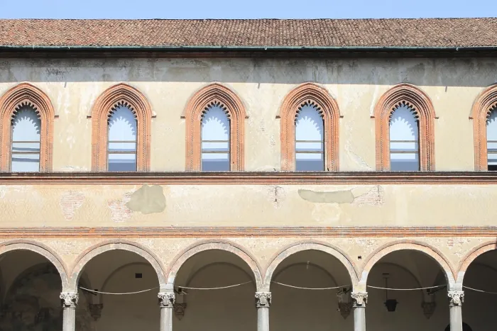 Framed Print : The medieval cloister of Sforzesco Castle in Milan