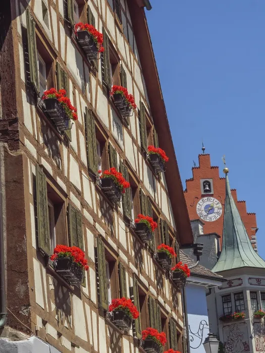 Framed Print : Medieval half-timbered house with lush flowers under clock tower