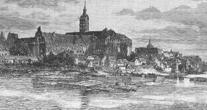 Framed Print : The medieval Ordensburg Marienburg or Zamek Malbork on the Nogat, UNESCO World Heritage Site, historical museum, travel, Poland, historical illustration 1885, Europe