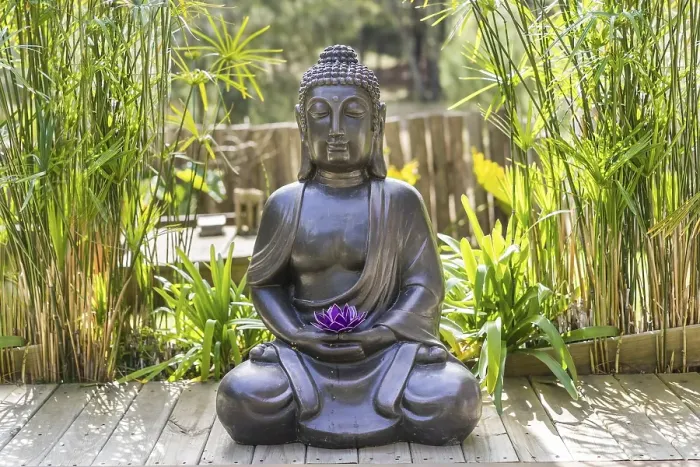Framed Print : Meditating Buddha Statue with a purple lotus on his hands on a backyard