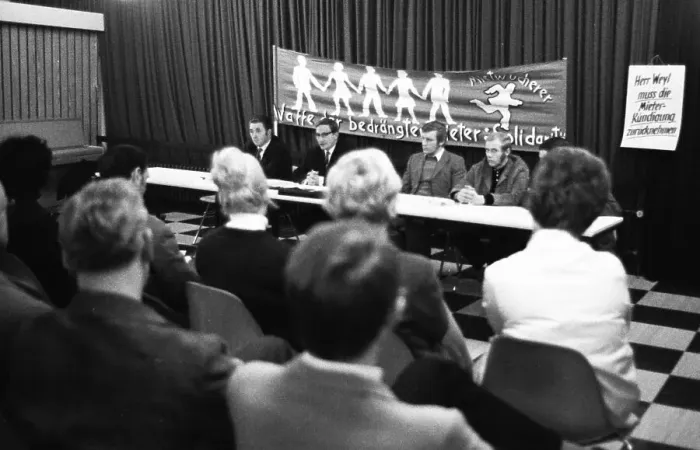 Framed Print : This meeting of affected tenants took a stand against usury in Duesseldorf