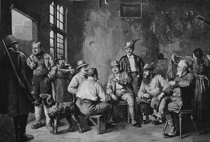 Framed Print : Meeting of hunters in a tavern in Bavaria
