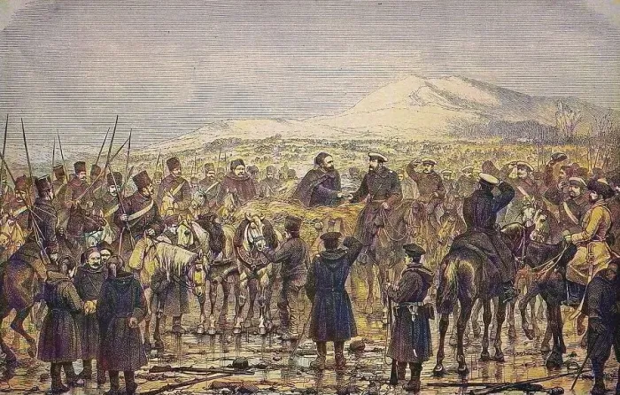 Framed Print : Meeting of Osman Pasha with the Grand Duke after the surrender of Plewna