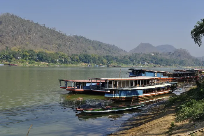 Framed Print : Mekong boats on the riverbank, Luang Prabang, Laos
