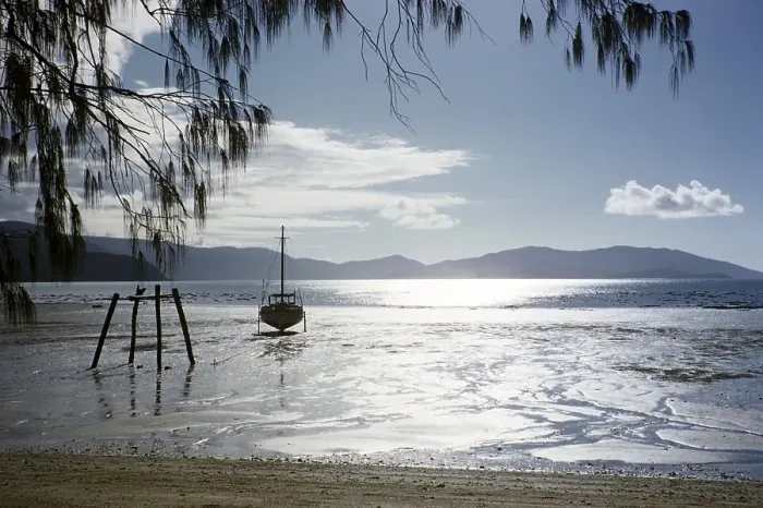 Framed Print : Melbourne Grammar School expedition to Queensland, Australia, 1956: yacht silhouette on the beach, thought to be the Whitsunday Islands, Oceania