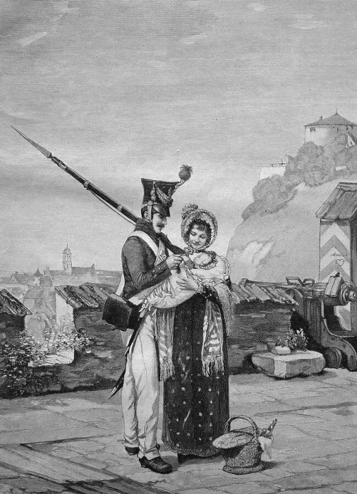 Framed Print : Member of the vigilance committee on home leave with his wife and child Framed Print : Member of the vigilance committee on home leave with his wife and child