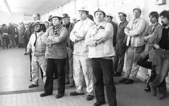 Framed Print : The members of IG Metall decided to go on a warning strike at a works meeting at the Hoesch AG Westfalenhuette plant in